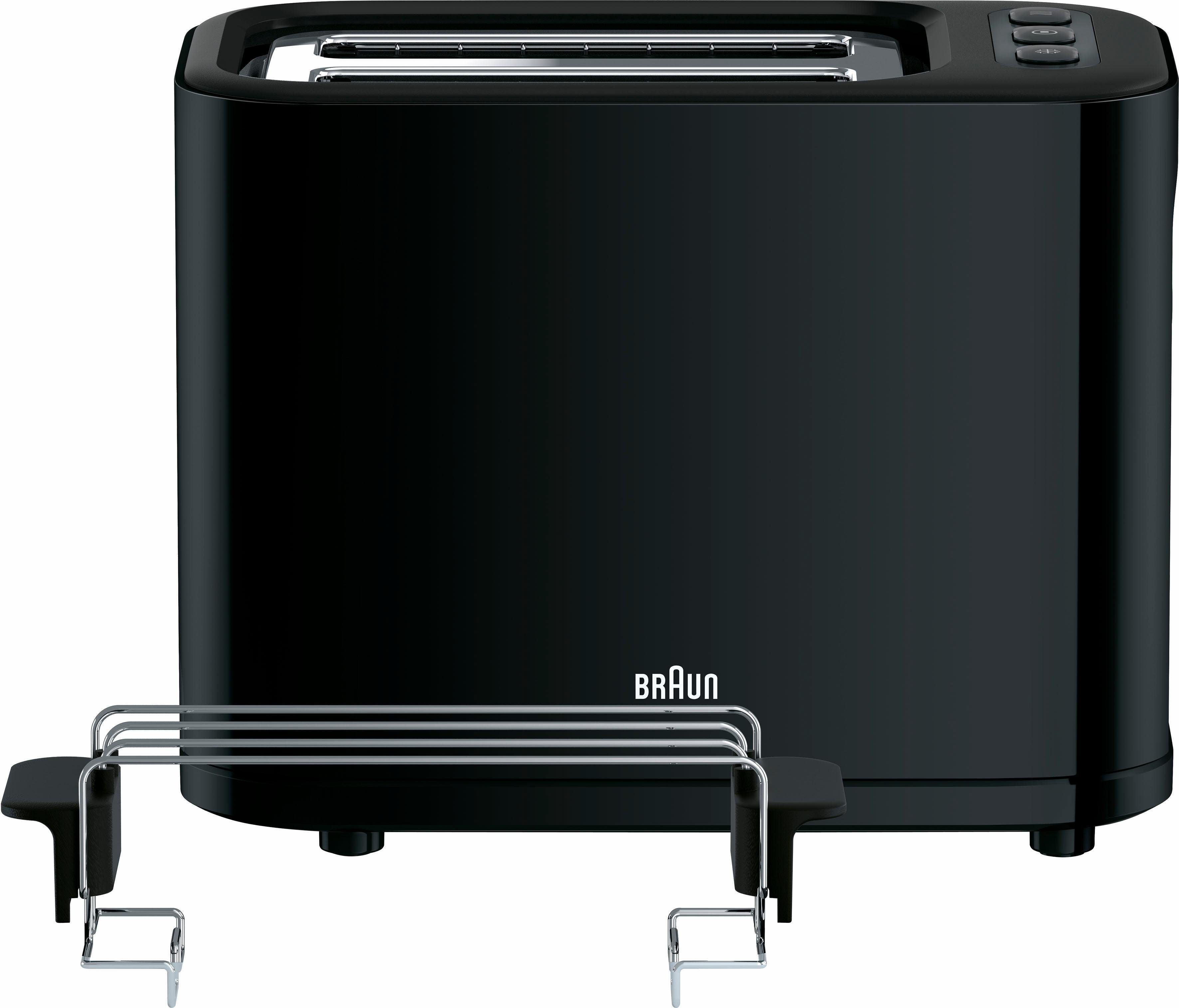 Braun Toaster PurEase HT 3010 BK - 2 Schlitze, 7 Stufen, Auftau- Aufwärmfunktion, 2 kurze Schlitze, für 2 Scheiben, 1000 W, 1.000 W, Kunststoff, Automatische Abschaltung, Brötchenaufsatz