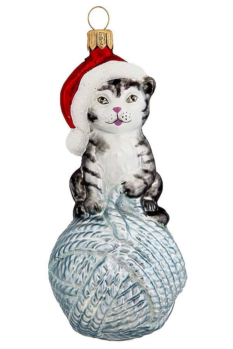 Christbaumschmuck auf handdekoriert - Wollknäuel Katze - mundgeblasen Hamburger Weihnachtskontor Dekohänger hellblau,