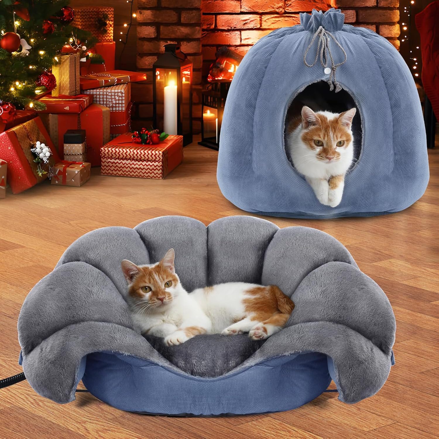 Elegear Tierbett Hundebett Katzenbett, 2-in-1 Haustierbett aus Flanell & Arctic-Fleece, 45x45cm Katzenbett für Katzen und kleine Hunde, Grau