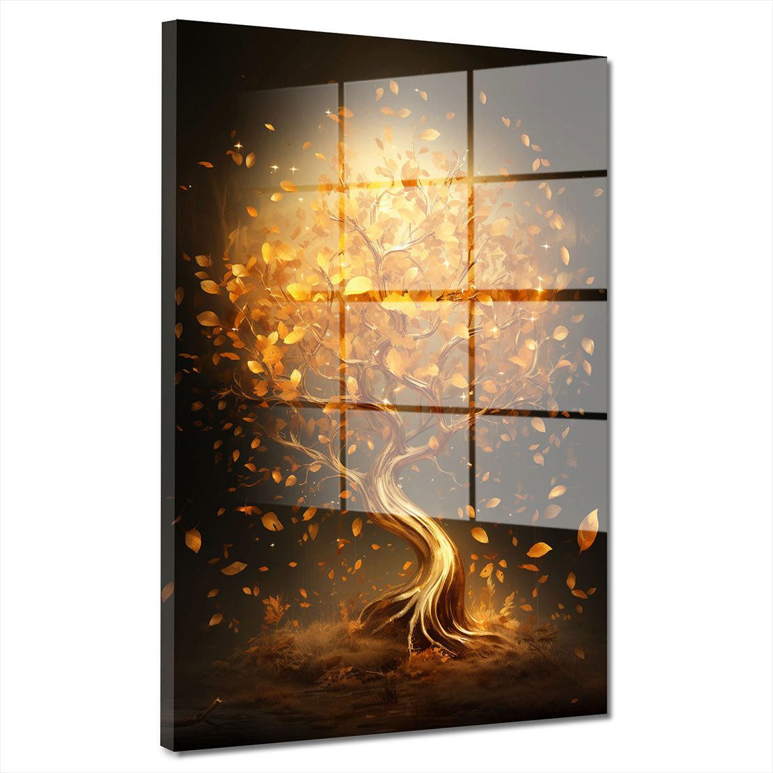 Artedinoi Acrylglasbild Baum Acrylglasbild Wandbild Goldene Blätter Modern Natur XXL, Ein ausladender Baum mit goldenen Blättern in warmen Farbtönen.