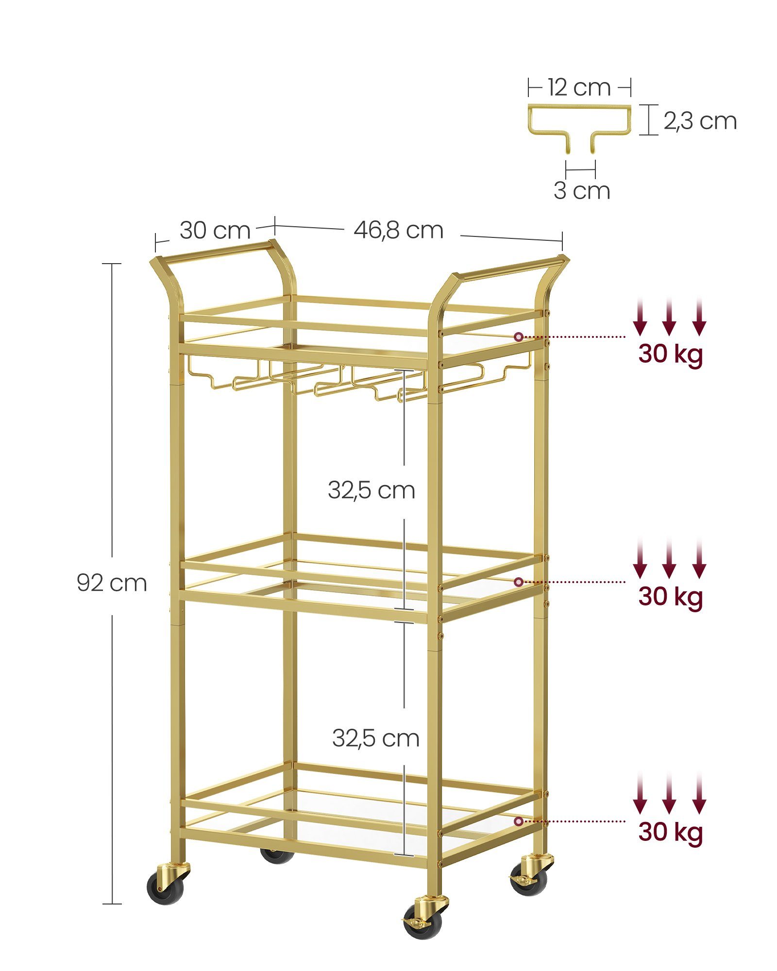 VASAGLE Servierwagen, kleine Barwagen mit 3 verspiegelte Glasablagen, 38 x 46,8 x 92 cm