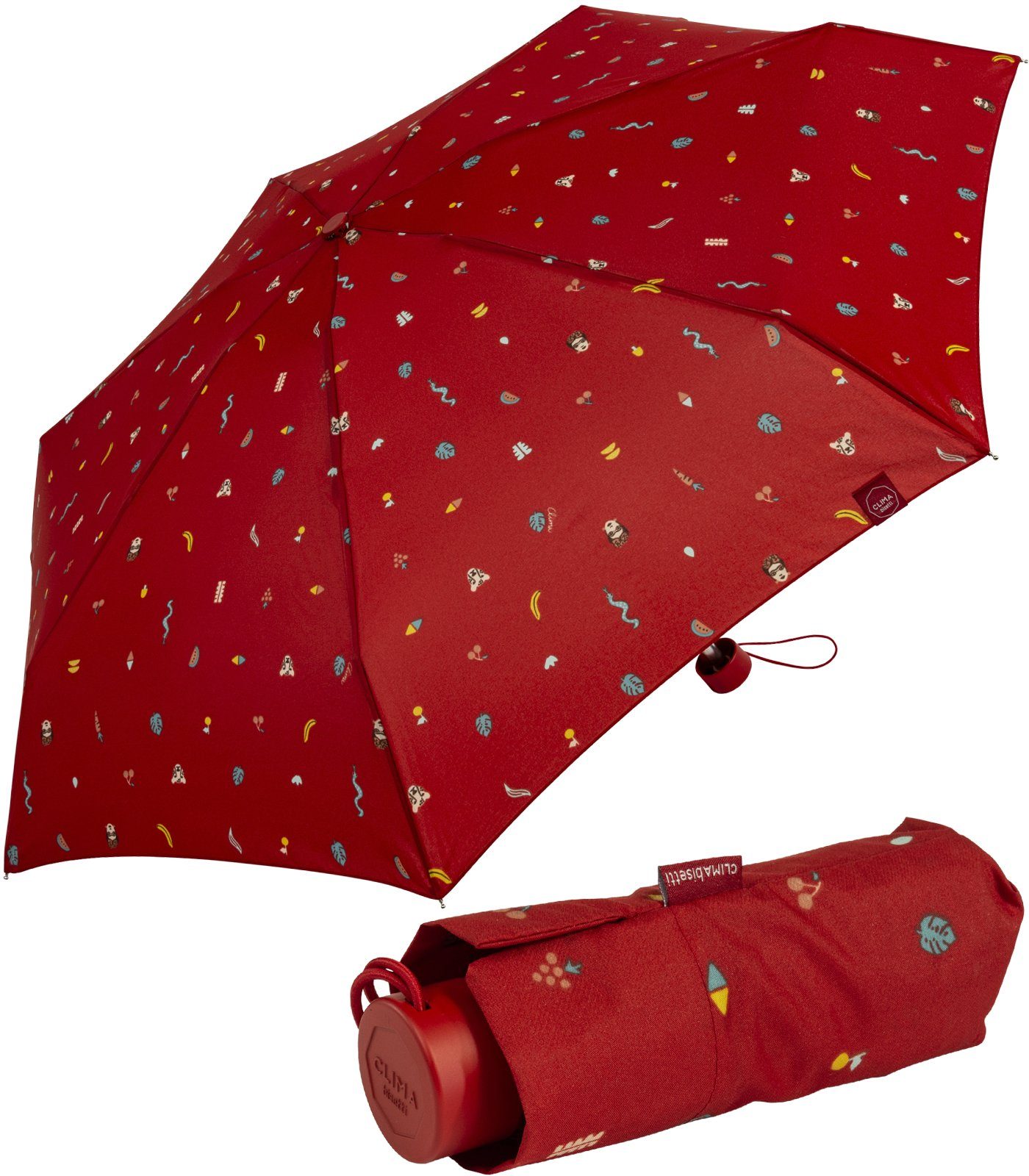 bisetti Taschenregenschirm Damen-Regenschirm, klein, stabil, kompakt, mit Handöffner, farbenfroh mit Tropen-Dschungel-Motiven - rot