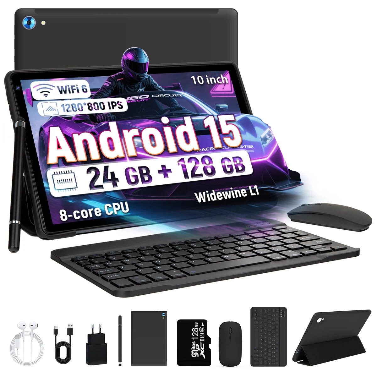 BUFO 10.1 Zoll Android 15, 24(4+20)GB+128GB, 1280x800 HD, incl. Hülle Set Tablet (10", 128 GB, Android, Octa core mit Tastatur, Stift, Maus, Hülle, Kopfhörer, WiFi 6 BT 5)