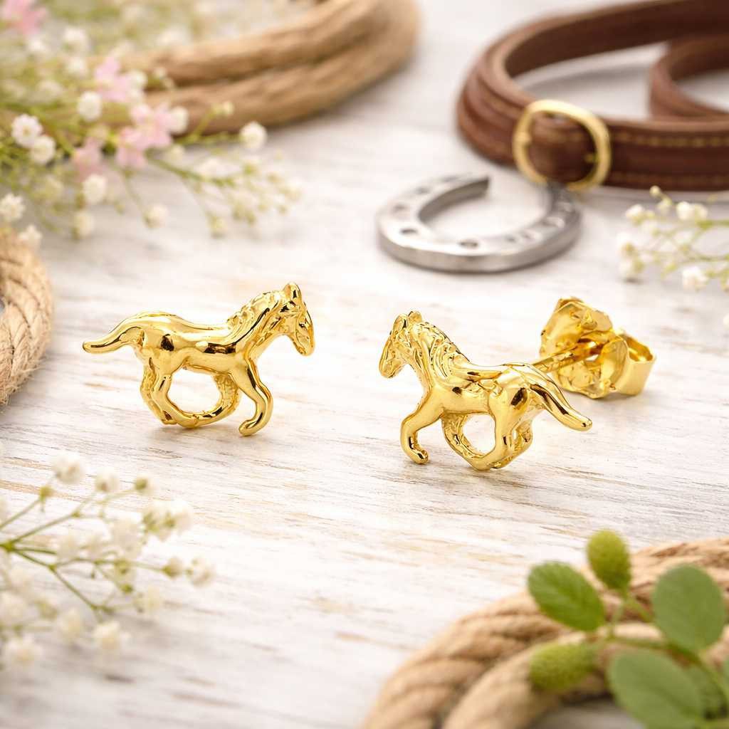 Goldene Hufeisen Ohrring-Set Pferd Ohrstecker für Pferdeliebhaber und Reiter - Vergoldet 925 Silber, 925 Silber (Sterlingsilber), Hypoallergen – Bild 2 von 4