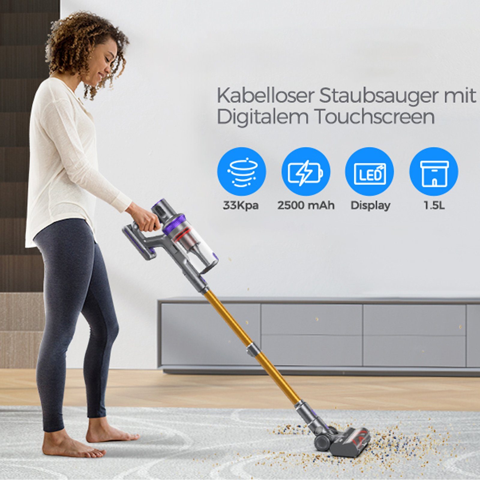 Staubsauger, Handstaubsauger Kabellos 1.5L Akku-Hand-und Laufzeit, zu 50 mit W, Akkusauger01 400,00 Staubbehälter Auto Saugkraft, Sinaopus Stielstaubsauger beutellos, Staubsauger Min Bis 33000pa E3&E5,