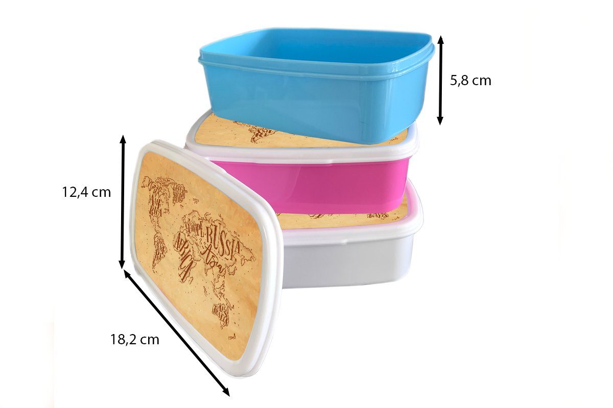 MuchoWow Lunchbox Weltkarte - (2-tlg), Mädchen, Erwachsene, für Braun, Retro - Kunststoff Snackbox, Brotbox Brotdose Kinder, rosa Kunststoff