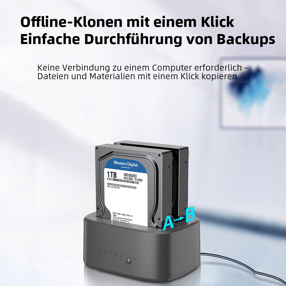 UnionSine Festplatten-Dockingstation UnionSine Dual-Bay-HDD-Dockingstation mit Offline-Klonfunktion, SATA-zu-USB-3.0-HDD-Klon-Dockingstation – Bild 5 von 5
