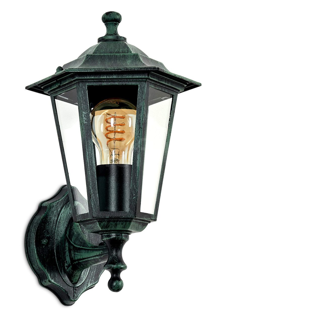 hofstein Außen-Wandleuchte Wandlampe aufwärts in antikem Look aus Metall/Glas in Schwarz/Gün/Klar, ohne Leuchtmittel, Wandleuchte im Landhaus-Stil, E27, ohne Leuchtmittel, IP44