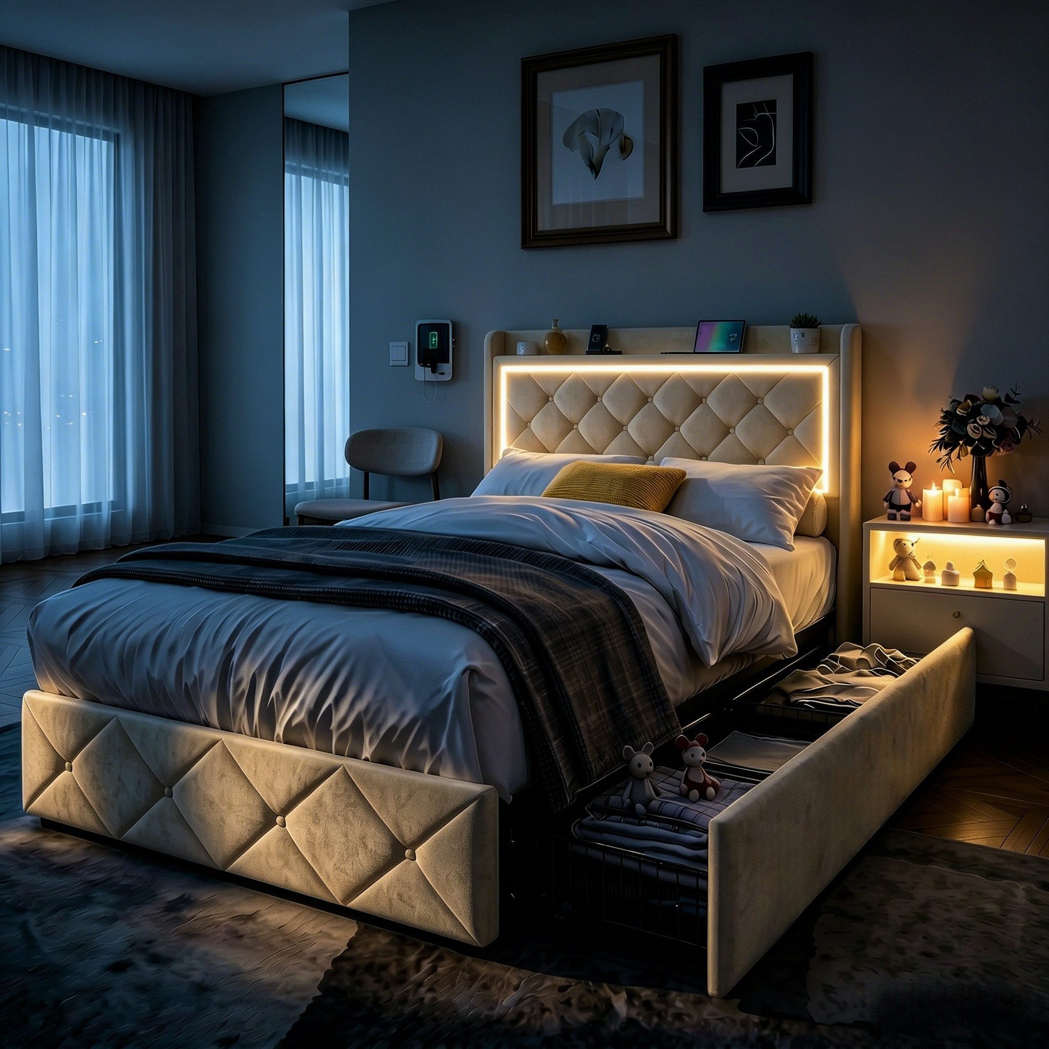 Furnishings Home Polsterbett LED Doppelbett Stauraumbett mit Kopfteil und 4 Schubladen (Samtmaterial Polsterbett mit RGB Beleuchtung), mit Lattenrost und Ladefunktion, mit Komforthöhe, Leises Design Bett
