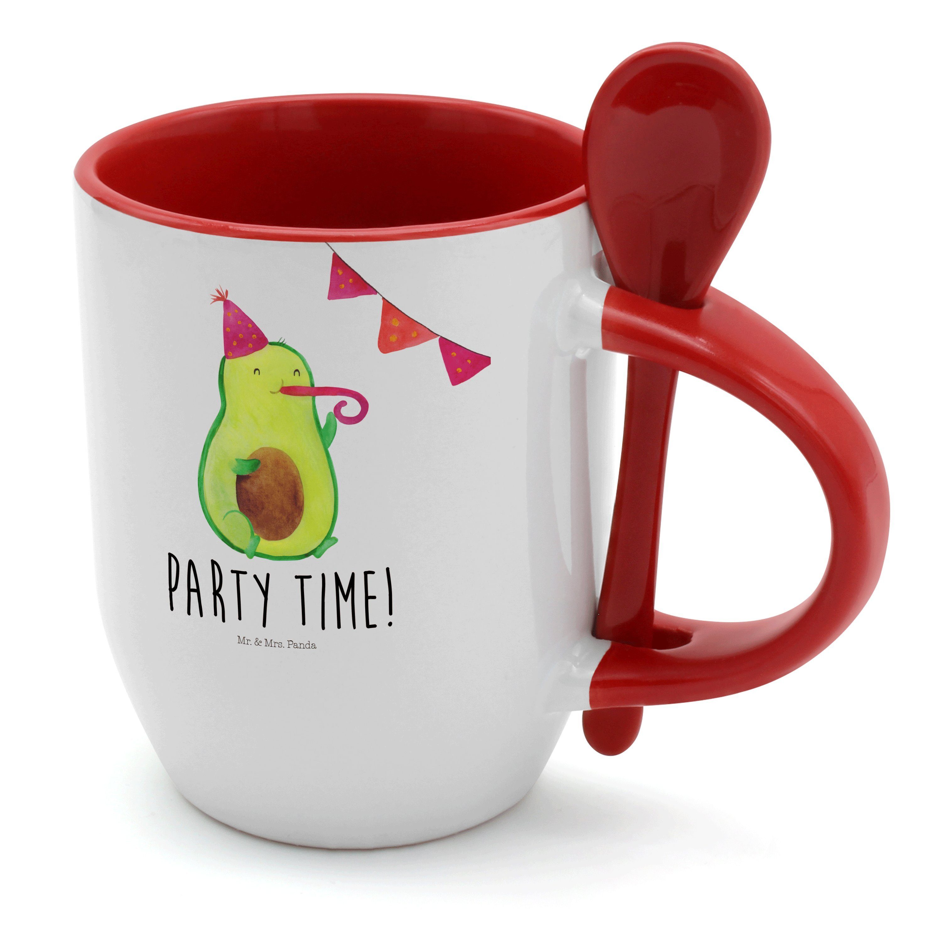 Mr. & Mrs. Panda Tasse Avocado Party Time - Weiß - Geschenk, Tasse mit Löffel, Veggie, Tasse, Keramik