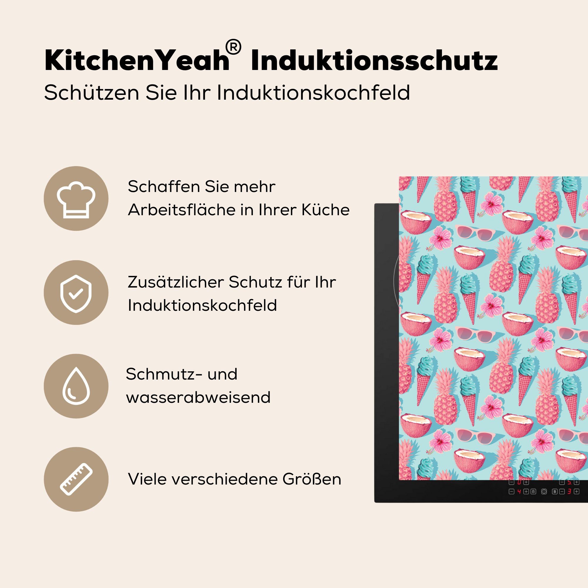 MuchoWow Herdblende-/Abdeckplatte Sommer Arbeitsplatte 78x78 cm, tlg), (1 für küche Eiscreme - Vinyl, - Rosa, Ceranfeldabdeckung, - Obst