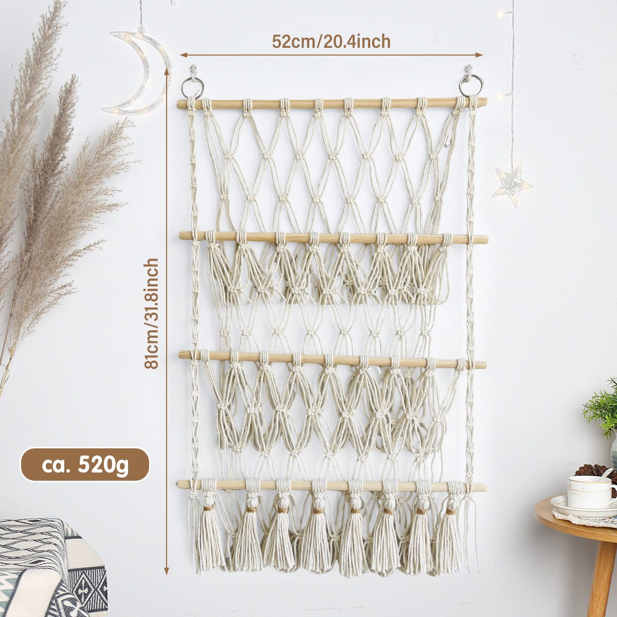 MOPUEA Hängekorb Spielzeug Aufbewahrung Netz Stofftier-Organizer Handgefertig (mit Quasten Stofftier-Hängekorb aus Baumwollseil und Kiefernholz, 1 St., Vielseitiger Boho Spielzeug Organizer für Kinderzimmer, Schlafzimmer), dreistufig, Einfache Installation und große Lagerkapazität