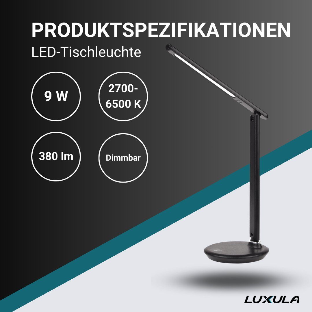 LUXULA LED Schreibtischlampe LED-Tischlampe, mit Dimm- und CCT-Funktion, 9 W Leistung, in schwarz, LED fest integriert, Tageslichtweiß, kaltweiß, neutralweiß, warmweiß, Farbwechsel-Funktion, Touch, Dimmfunktion