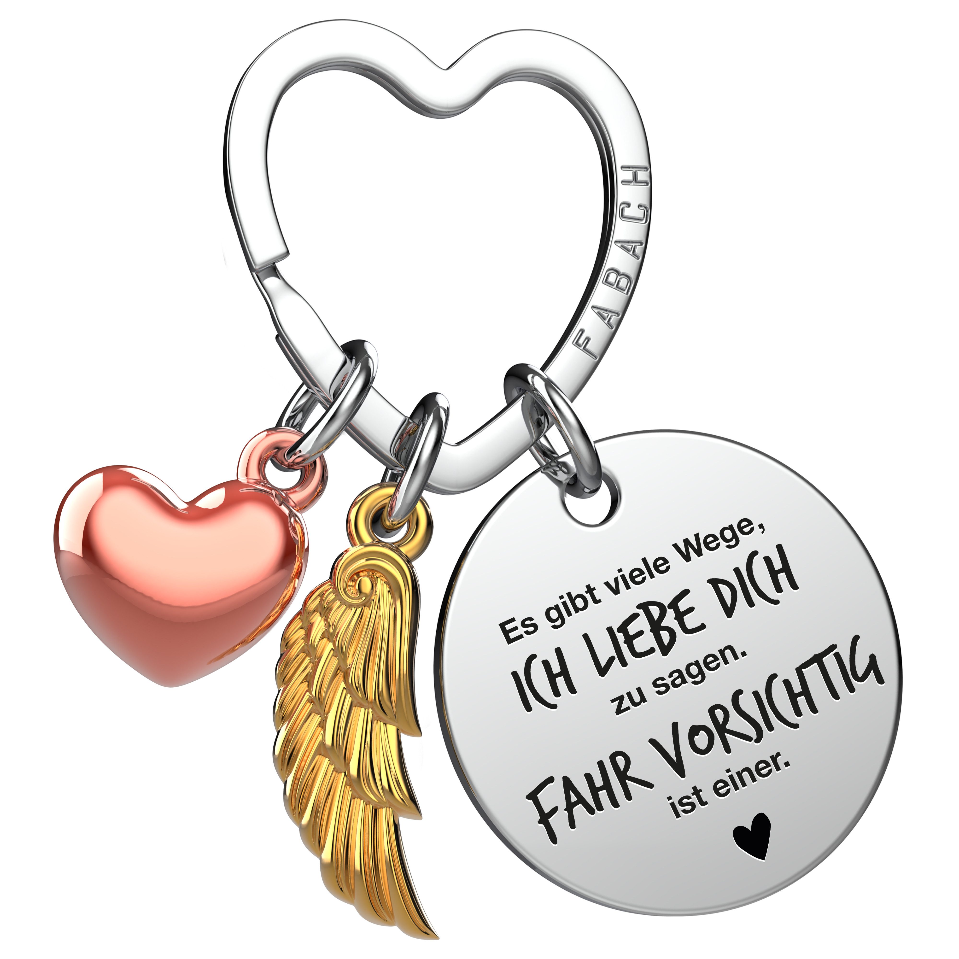 FABACH Schlüsselanhänger Glücksbringer Herz und Engelsflügel mit Gravur "Fahr vorsichtig"