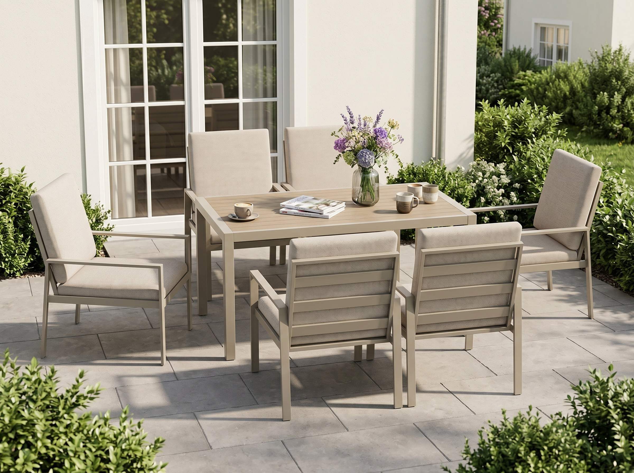 MeXo Gartenlounge-Set Lounge Gartenmöbelset Aluminium Wetterfest, (Garten Essgruppe für 6 Personen, 7-tlg., 6 Sessel, Esstisch 140x80x70 cm), 85 cm Rückenlehne, hoher Sitzkomfort
