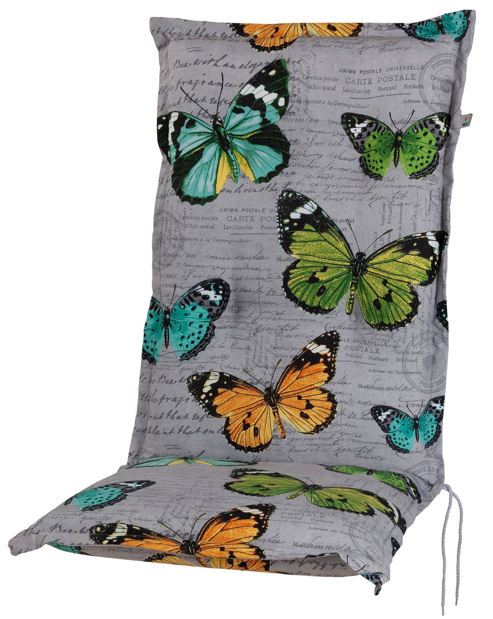 KETTtex Hochlehnerauflage Hochlehner Bali 2467 hellgrau Schmetterlinge 120x50x8 cm KETTtex, (1 St), Halteband verstellbar mit Bindebändern