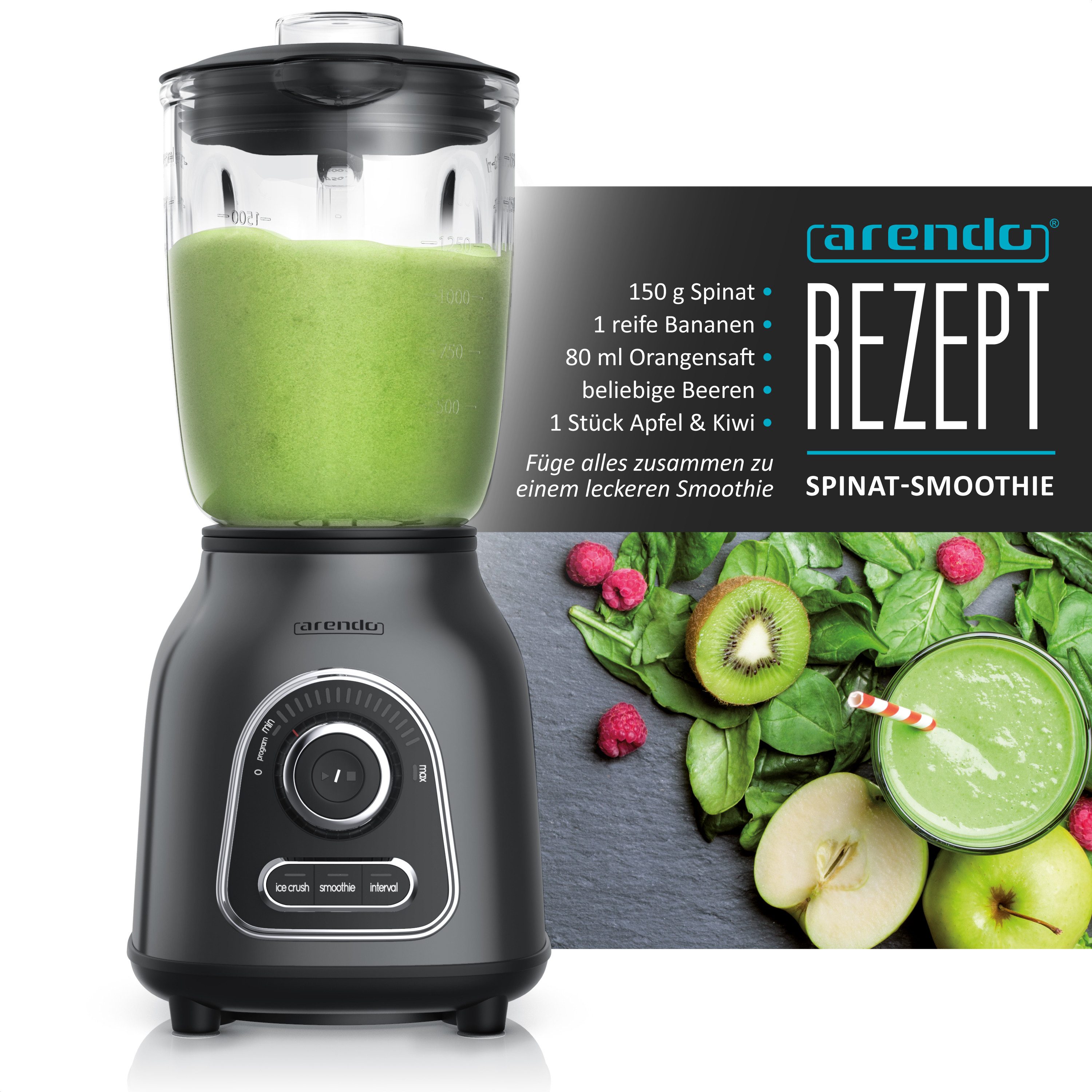 Arendo Standmixer Edelstahl Power Mixer, Hochleistungsmixer, 1,75l Glasbehälter, Blender, 1400 W, Edelstahlmesser, 10 Leistungsstufen, Impulsfunktion Hochleistu – Bild 5 von 5