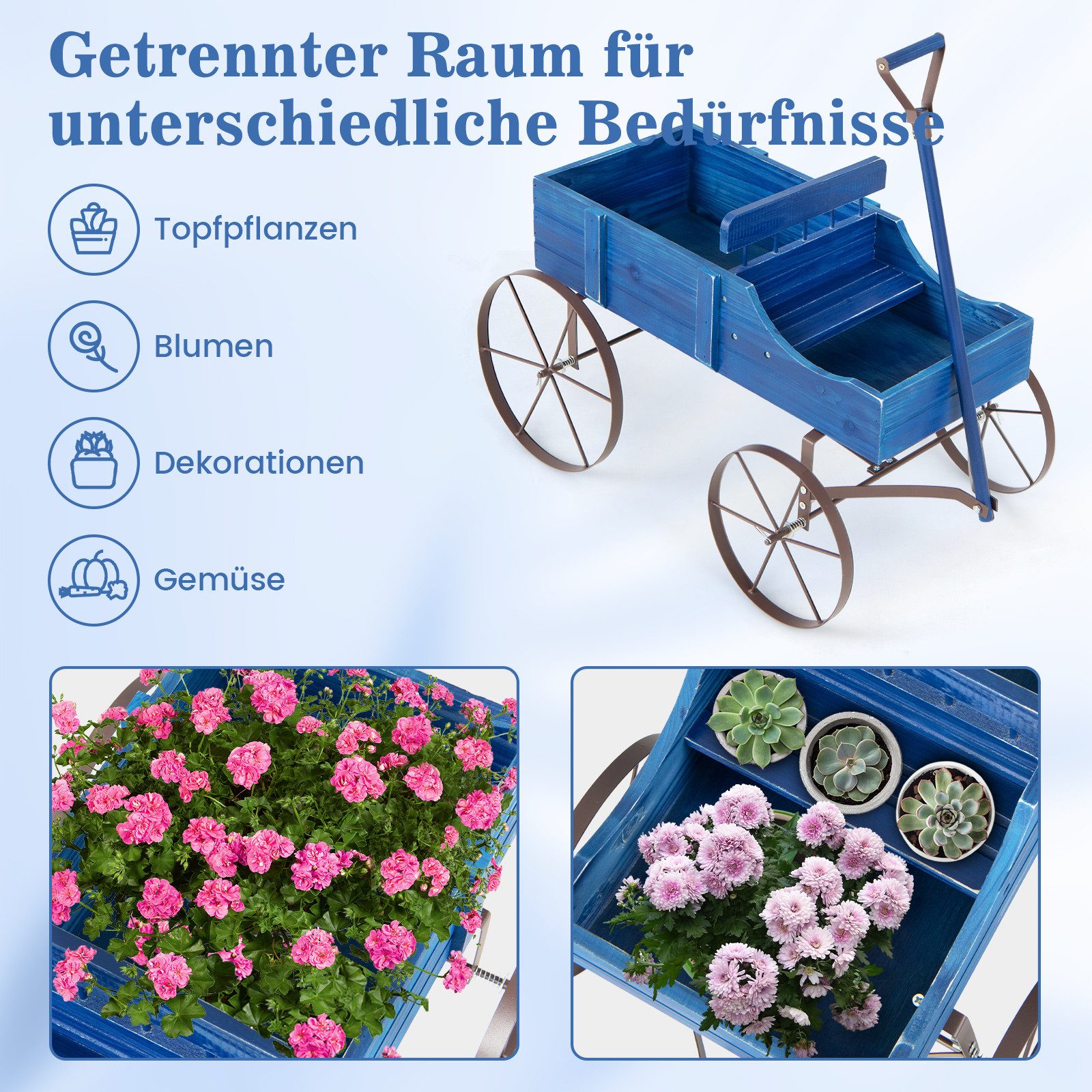 COSTWAY Blumenständer, Pflanzwagen mit 4 Metallrädern & Griff, 62x34x60cm
