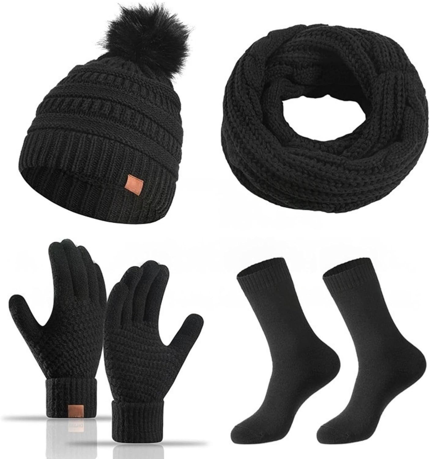 Coonoor Mütze & Schal Strickmützen-Schal-Handschuhe-Socken 4-teiliges Set Winterliches Wärmeset
