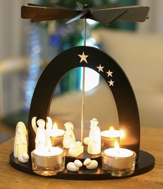 BRUBAKER Weihnachtspyramide Teelicht Holzpyramide Maria, Josef und Jesus, Weihnachtsdeko, Schwarz-weiße Teelichtpyramide mit 4 Teelichthaltern aus Glas