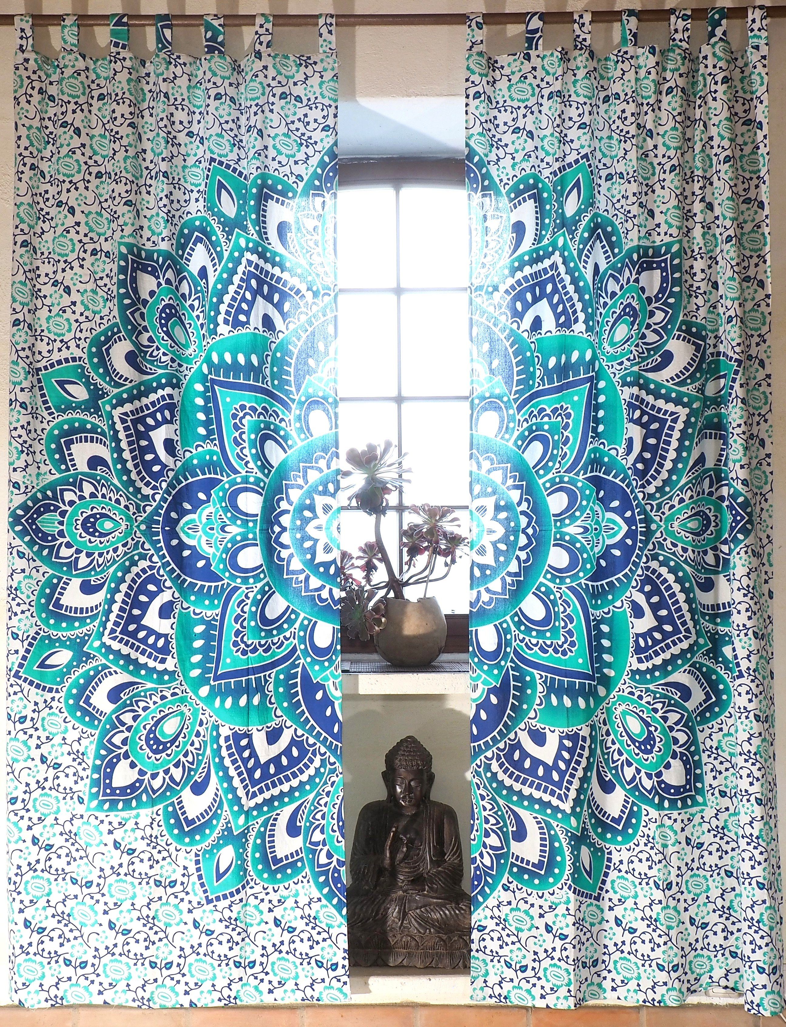 Vorhang Boho Vorhänge, Gardine (1 Paar) mit Schlaufen,.., Guru-Shop weiß/türkis/blau
