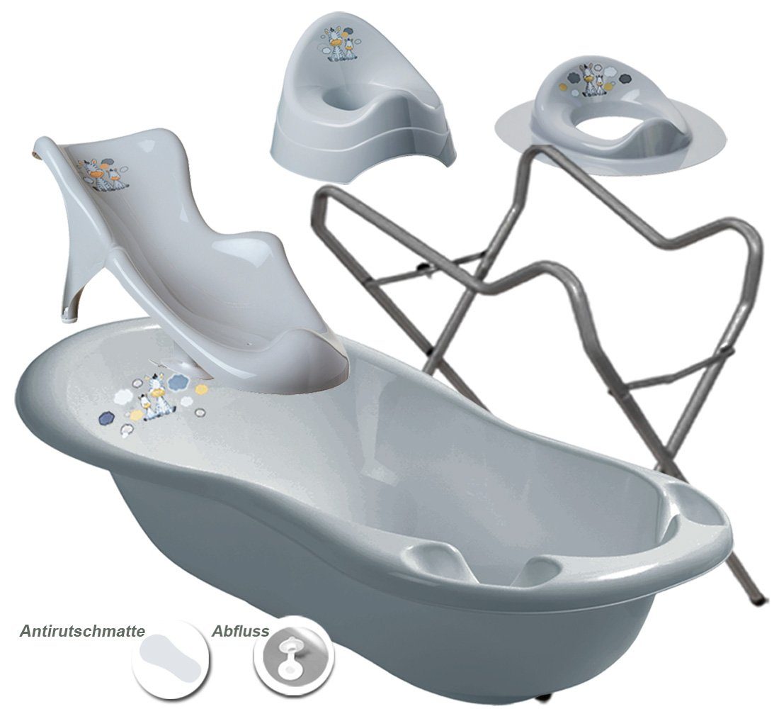 Maltex Babybadewanne 4 Teile SET - ZEBRA Grau + Ständer Grau - Badeset Baby Wanne 84 cm, (Made in Europa Premium.set 4 tlg +Ständer), ** Wanne+Sitz+Töpfchen+WC Aufsatz+Ständer **