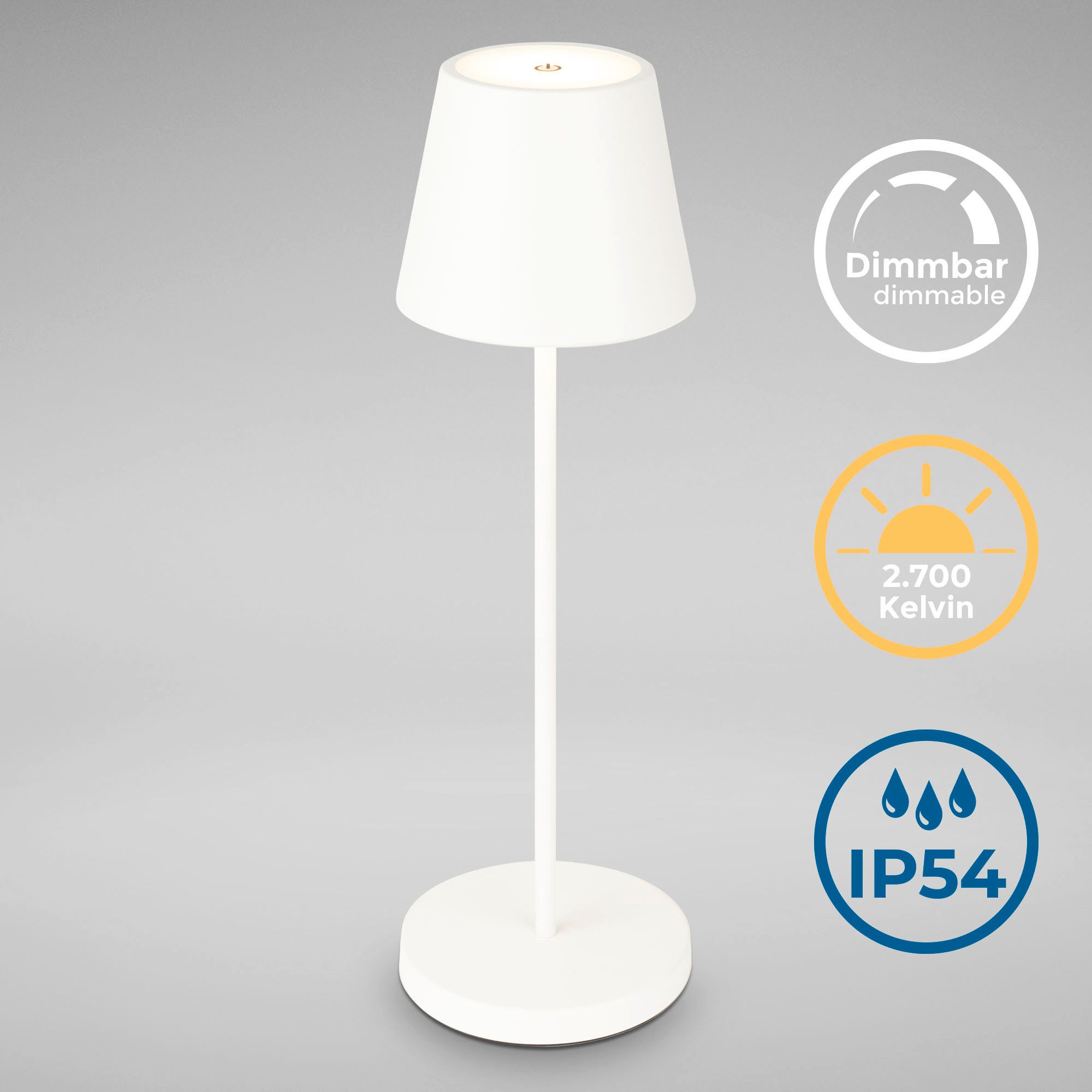 B.K.Licht Tischleuchte LED 2,6W kabellos aufladbar dimmbar 38cm Outdoor IP54 Balkon Terrasse, Dimmfunktion, LED fest integriert, 2700K - Extra-Warmweiß, Akku-Tischlampe Touch weiss USB Außen Innen Büro Wohnzimmer BKL1586