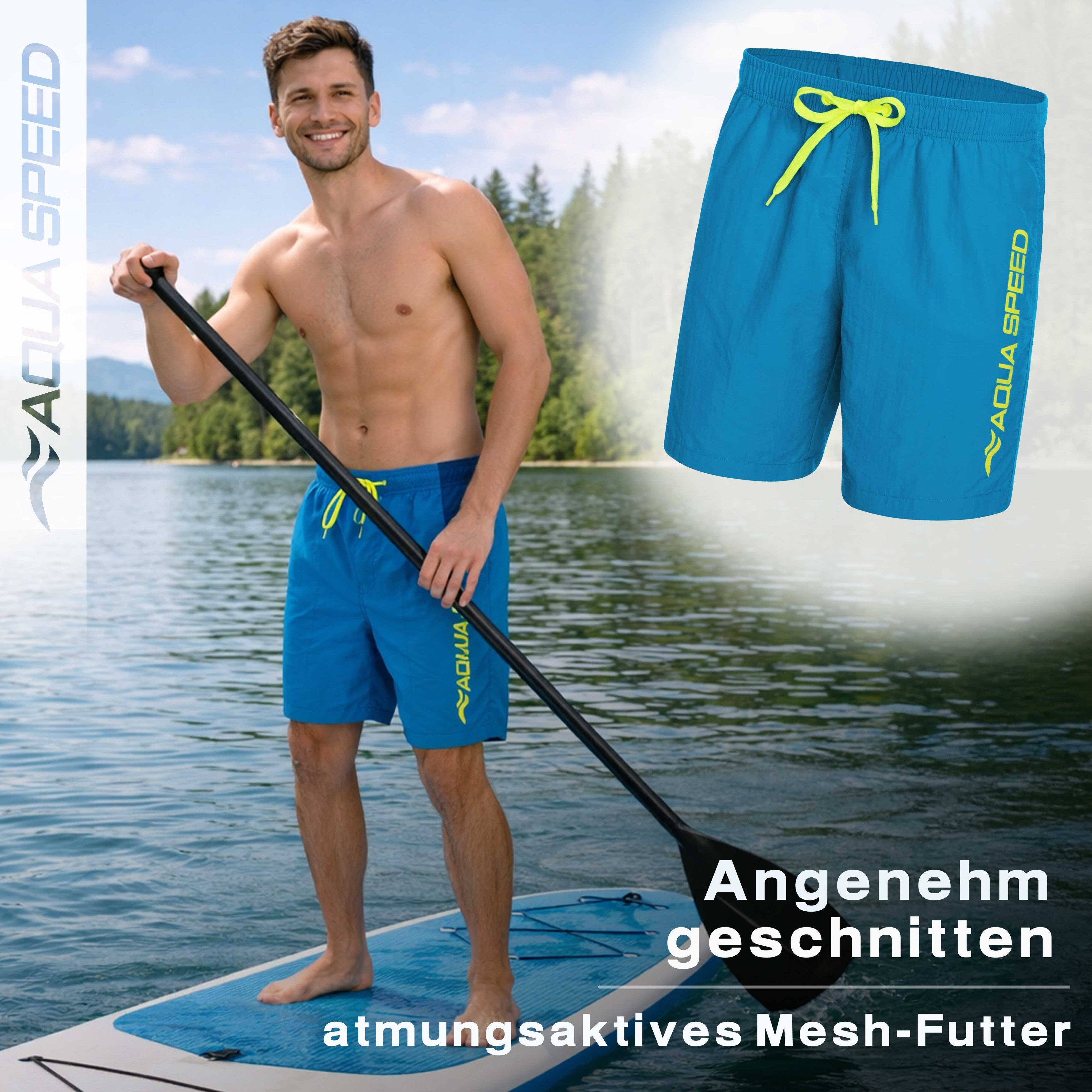 Aqua Speed Boardshorts (OWEN FLUO Schwimmhose Strandhose Badehose Badeshorts Mann) Angenehmes Hautgefühl auch bei längerer Nutzung im Alltag