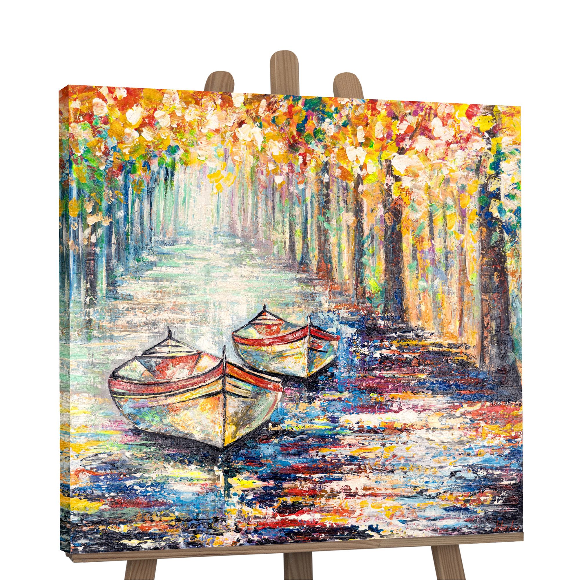 YS-Art Gemälde Herbstlicher Anlegeplatz, Landschaft, Segelboote Baum Bunt Leinwand Bild Handgemalt