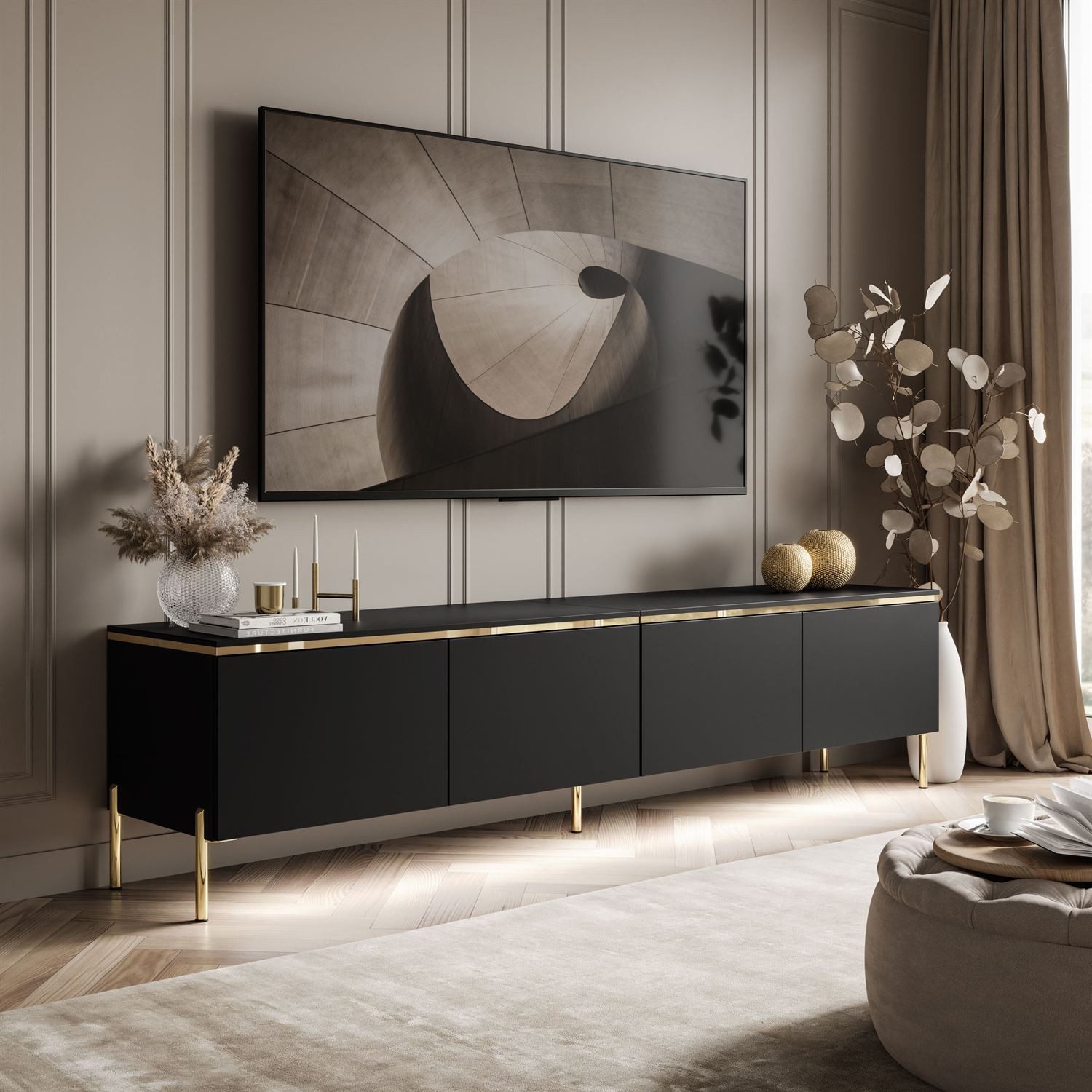 Lookway TV-Schrank CELINE Schwarz Matt auf goldenen Füßen mit LED-Beleuchtu günstig online kaufen