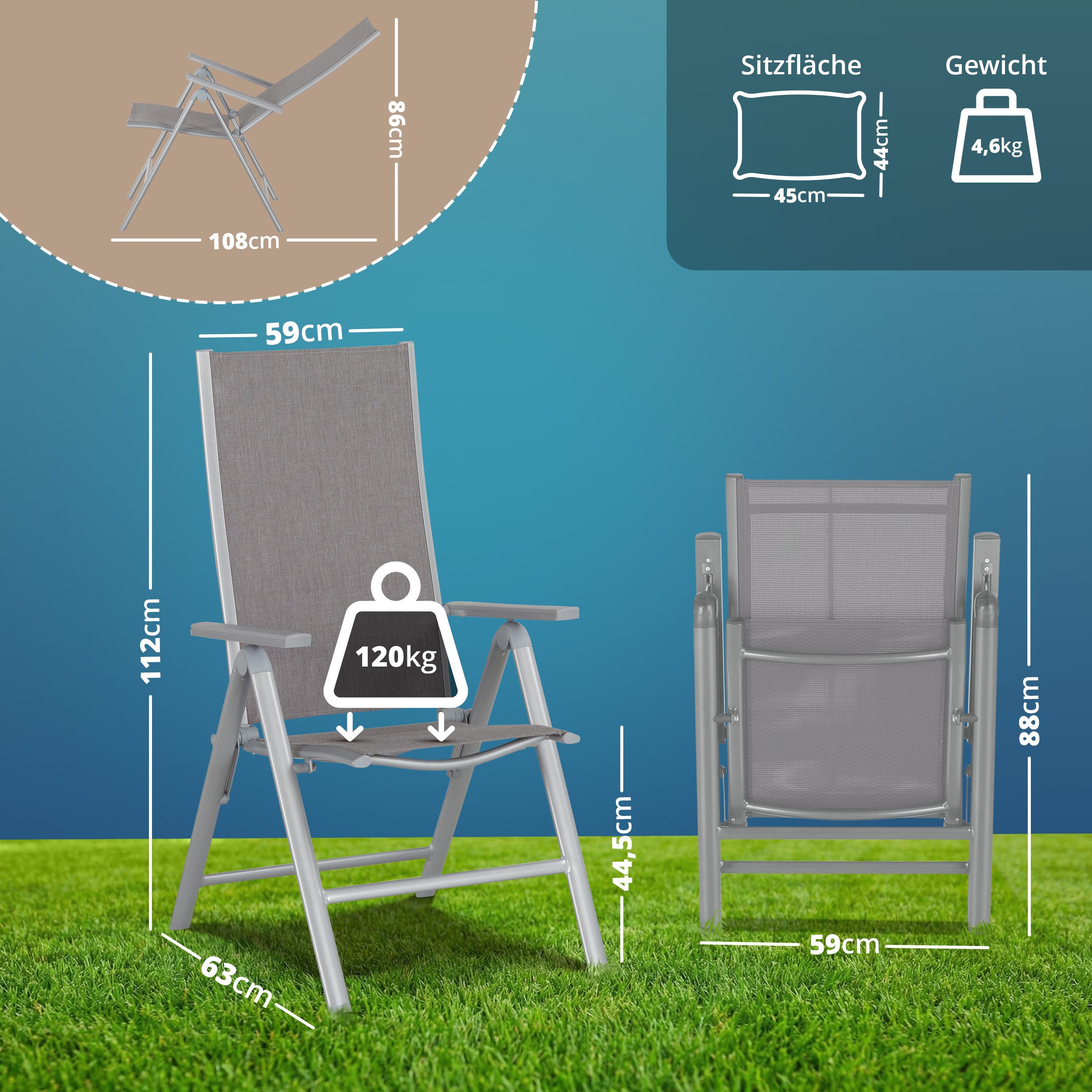 KHG Gartenstuhl Alu Klappstuhl, 8-Fach verstellbare Rückenlehne mit Armlehne (wetterfest, klappbar, rostfrei, vormontiert), wetterfest, klappbar, rostfrei, vormontiert, Alu Kunststoff Gewebe