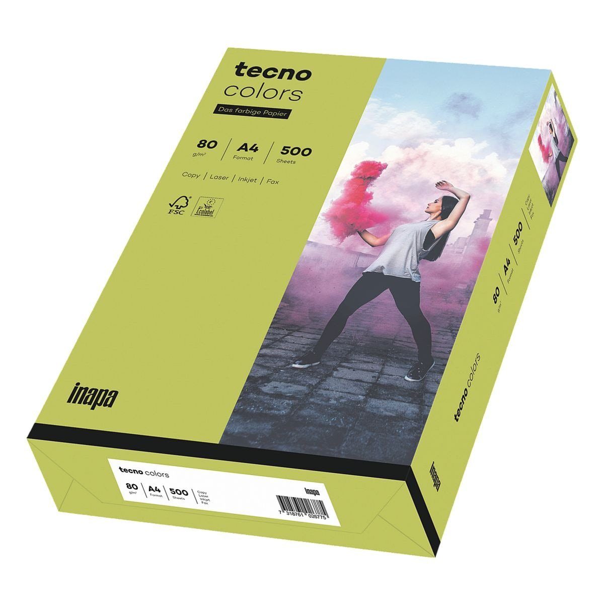 Inapa tecno Drucker- und Kopierpapier Rainbow / tecno Colors, Intensivfarben, Format DIN A4, 80 g/m², 500 Blatt leuchtendgrün