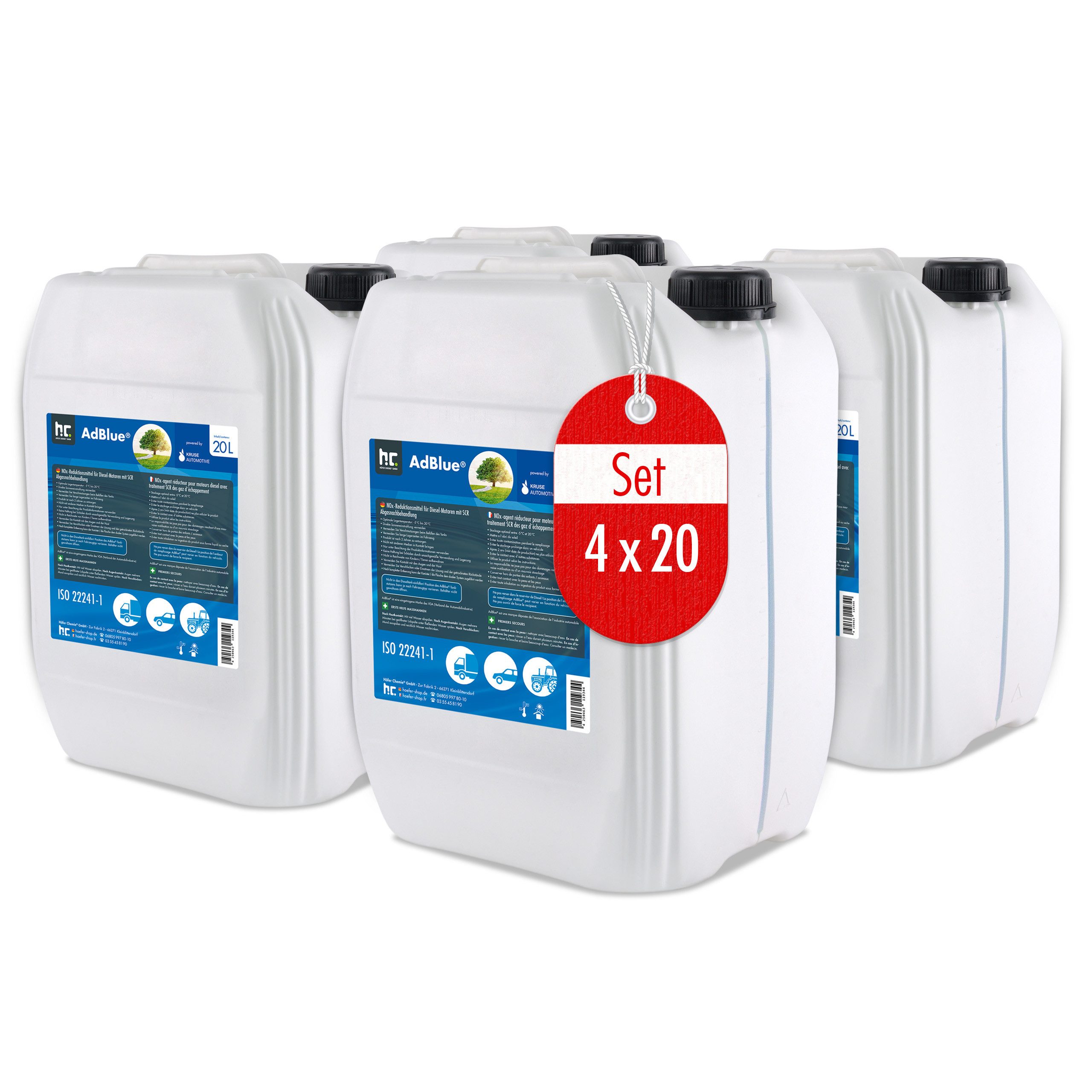 Höfer Chemie GmbH Harnstofflösung 4x 20 L AdBlue® Harnstofflösung, (4-St) Reduziert effektiv Stickoxid-Emissionen