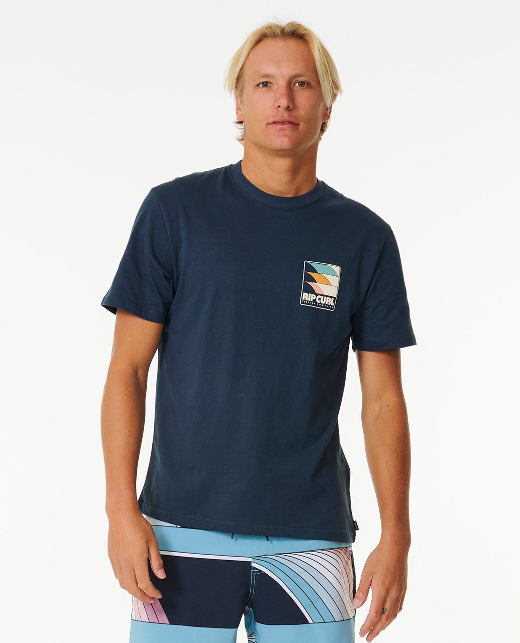 Line T-Shirt Curl Rip navy dark Print-Shirt Kurzärmeliges Up Revival Surf