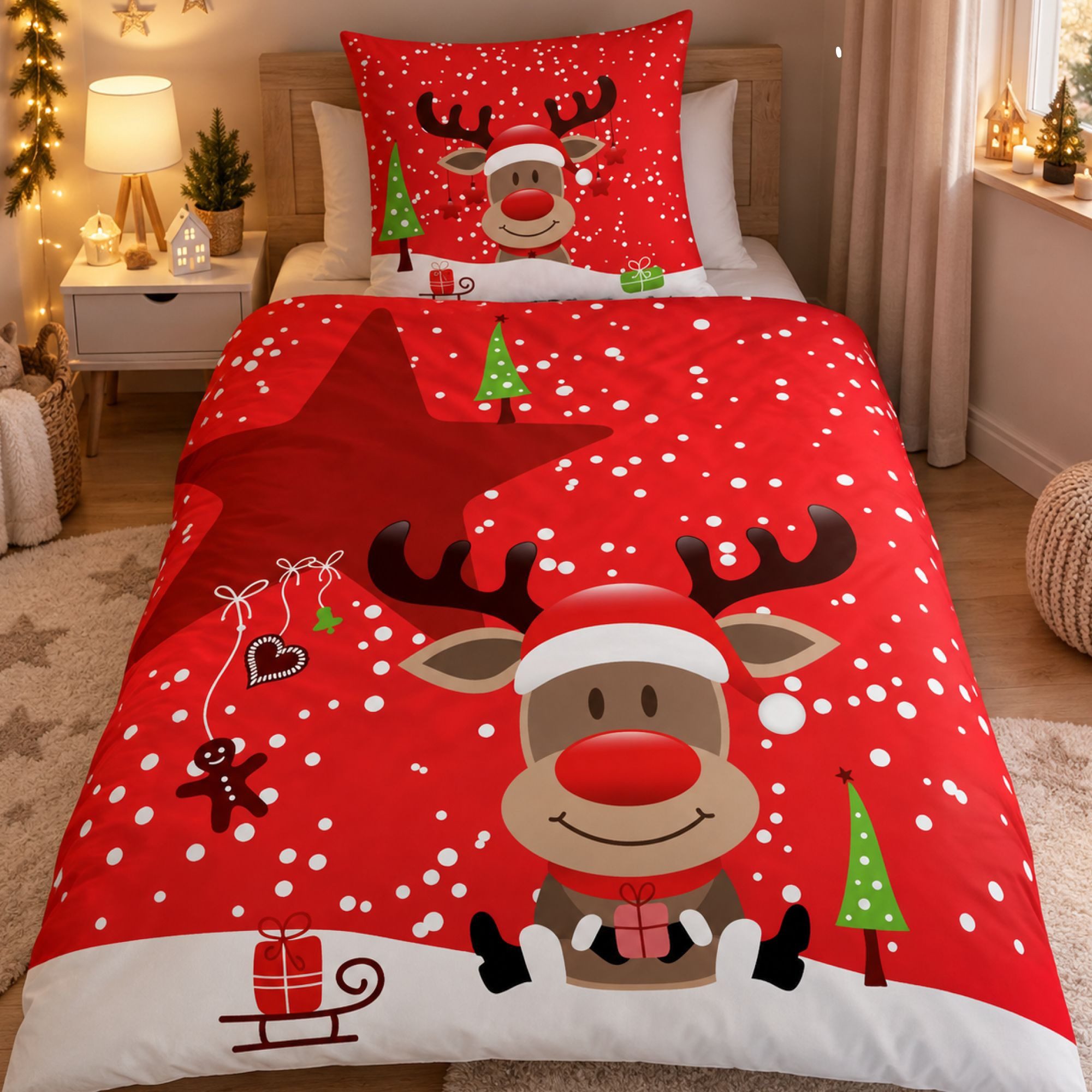 Familando Bettwäsche Rentier 135x200 80x80 cm X-Mas Weihnachten, Fleece, 2 teilig, Wendebettwäsche mit Reißverschluss, Rot
