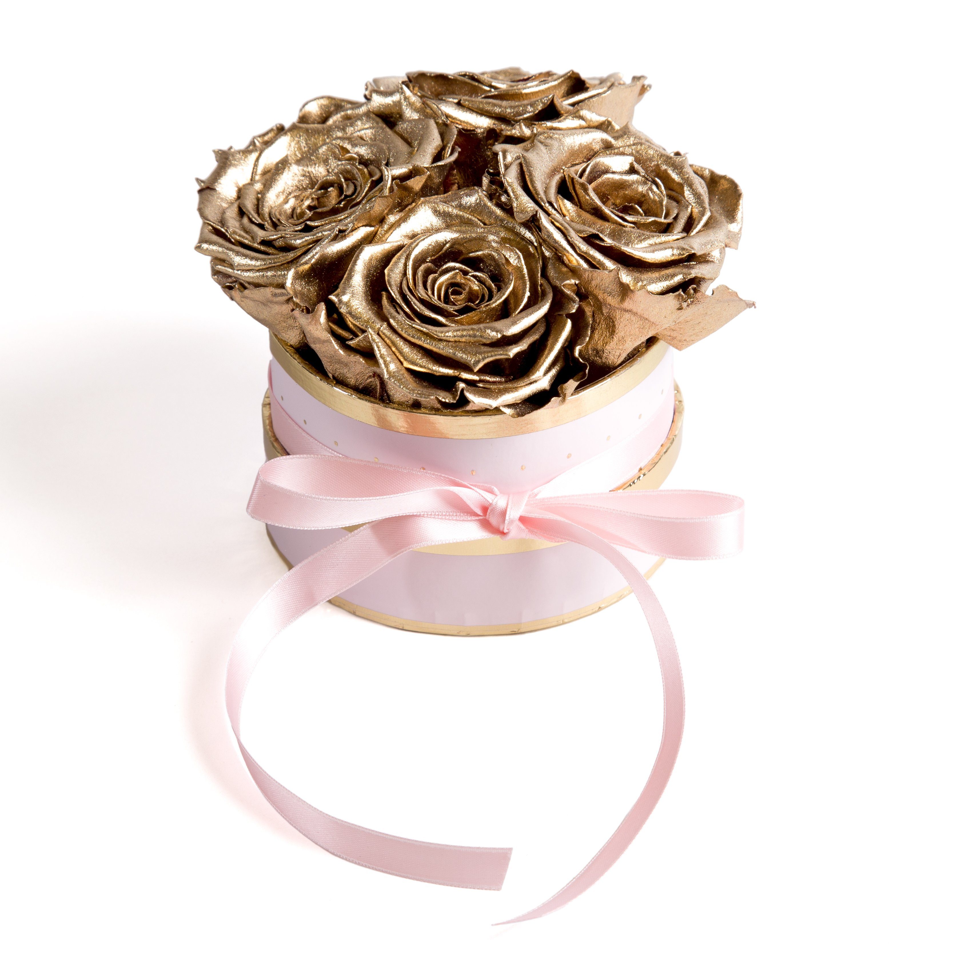 Kunstblume Rosenbox rosa rund 4 Infinity Rosen Geschenk für Frauen Rose, ROSEMARIE SCHULZ Heidelberg, Höhe 10 cm, echte konservierte Rosen, Made in Germany