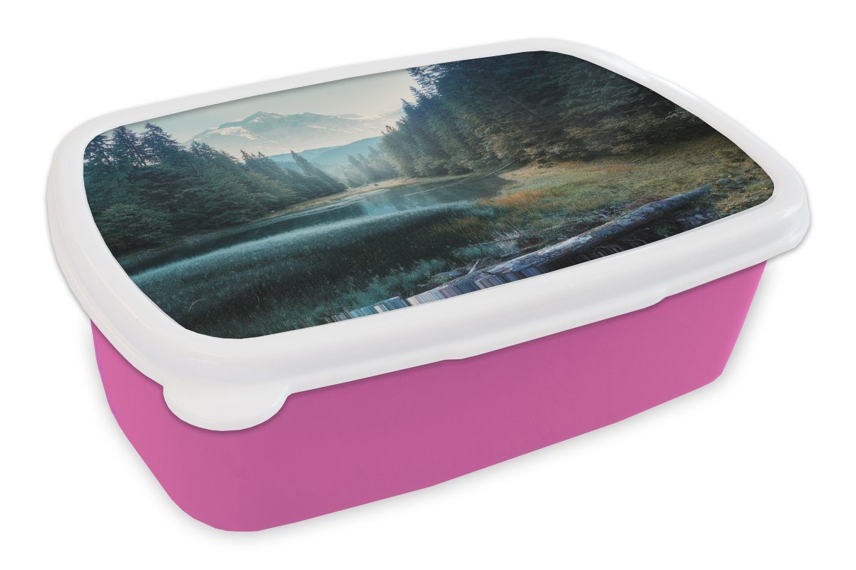 MuchoWow Lunchbox Wald - Gras - Berge - Bäume - Natur, Kunststoff, (2-tlg), Brotbox für Erwachsene, Brotdose Kinder, Snackbox, Mädchen, Kunststoff rosa