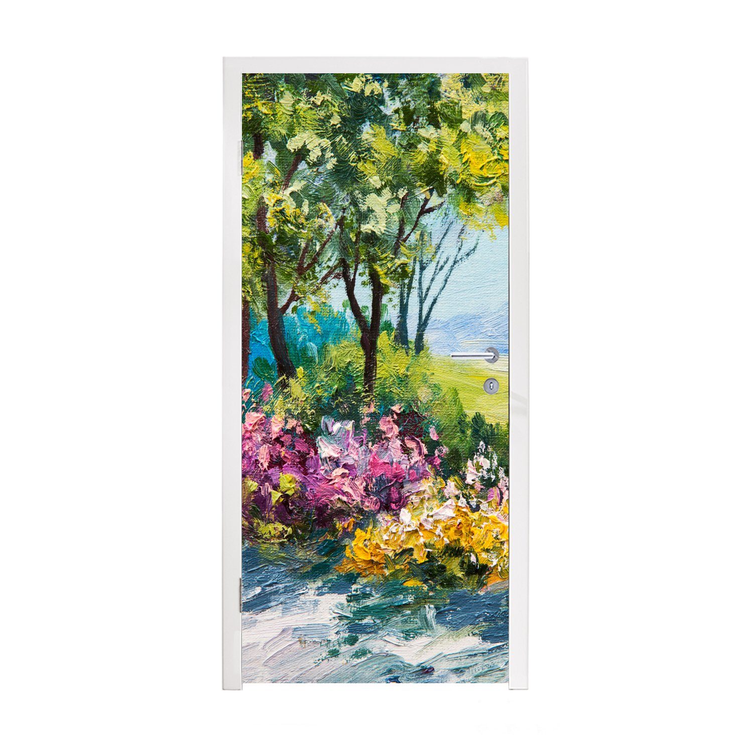 MuchoWow Türtapete Malerei - St), Blumen - Tür, für Haus - 75x205 Öl, - Pflanzen Türaufkleber, (1 Matt, Fototapete bedruckt, cm