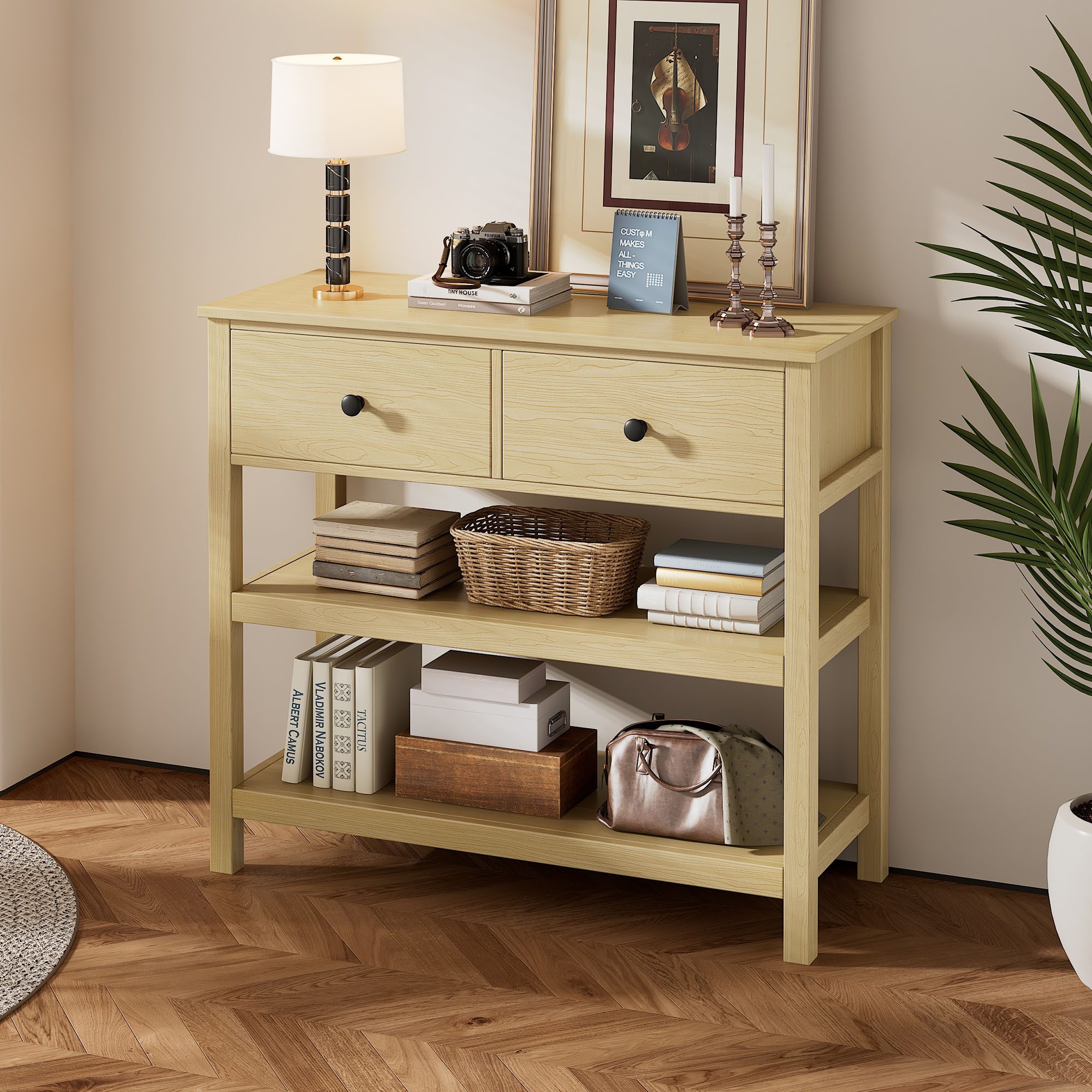Furnishings Home Konsolentisch Holz Konsolentisch Mit Schubladen Und Offene Retro (1-St), Geeignet für Flure, Eingangsbereiche und Wohnräume Holz und Weiß