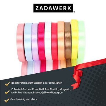 ZADAWERK Satinband Zierbänder - 10 Rollen - je 12 mm x 23 m, seidig glänzendes Geschenkband in Pastellfarben zur Dekoration