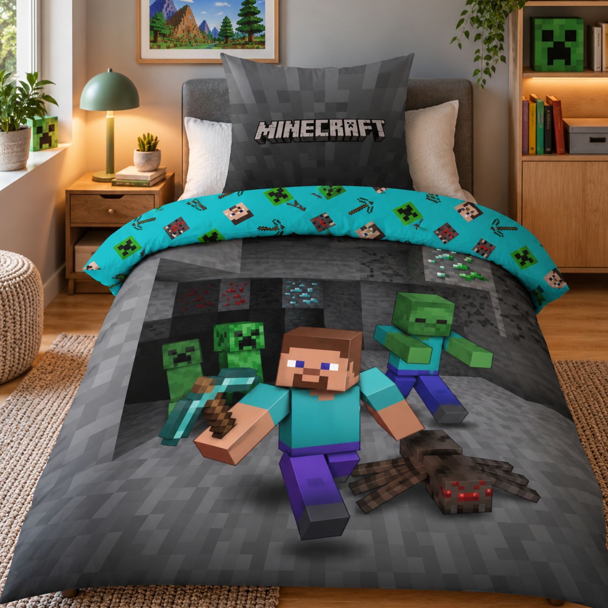Familando Kinderbettwäsche Minecraft Ores 135x200 80x80 cm Wende-Motiv mit Steve, Mikrofaser, 2 teilig, Pixel 3D Design für Minecraft Fans