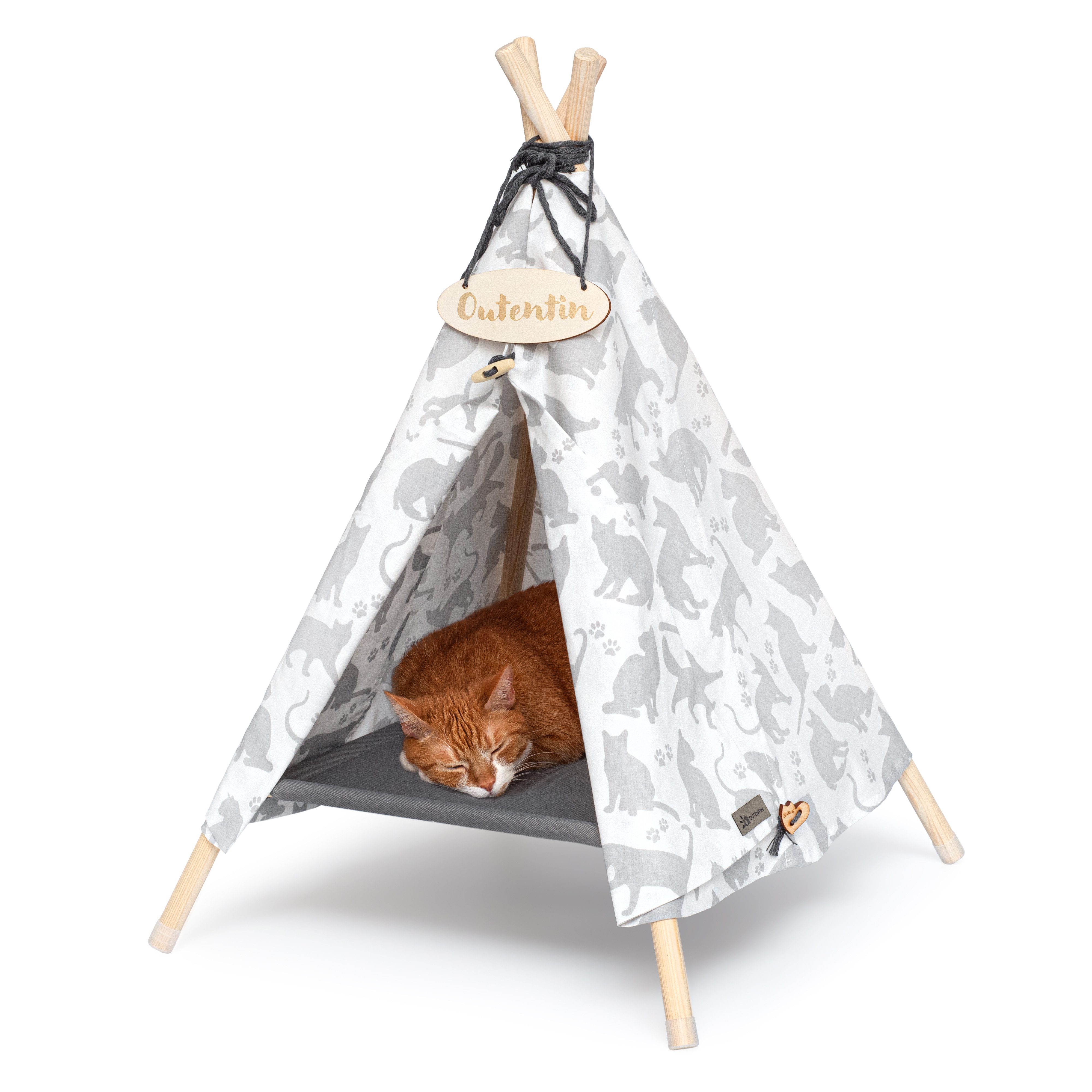 Outentin Tierbett Katzentipi und Hundehöhle mit Bett - Tipi-Zelt für Katze und Hund, 100% Baumwolle, Abnehmbares Bett, Beschriftbares Namensschild, Verstellbares Seil