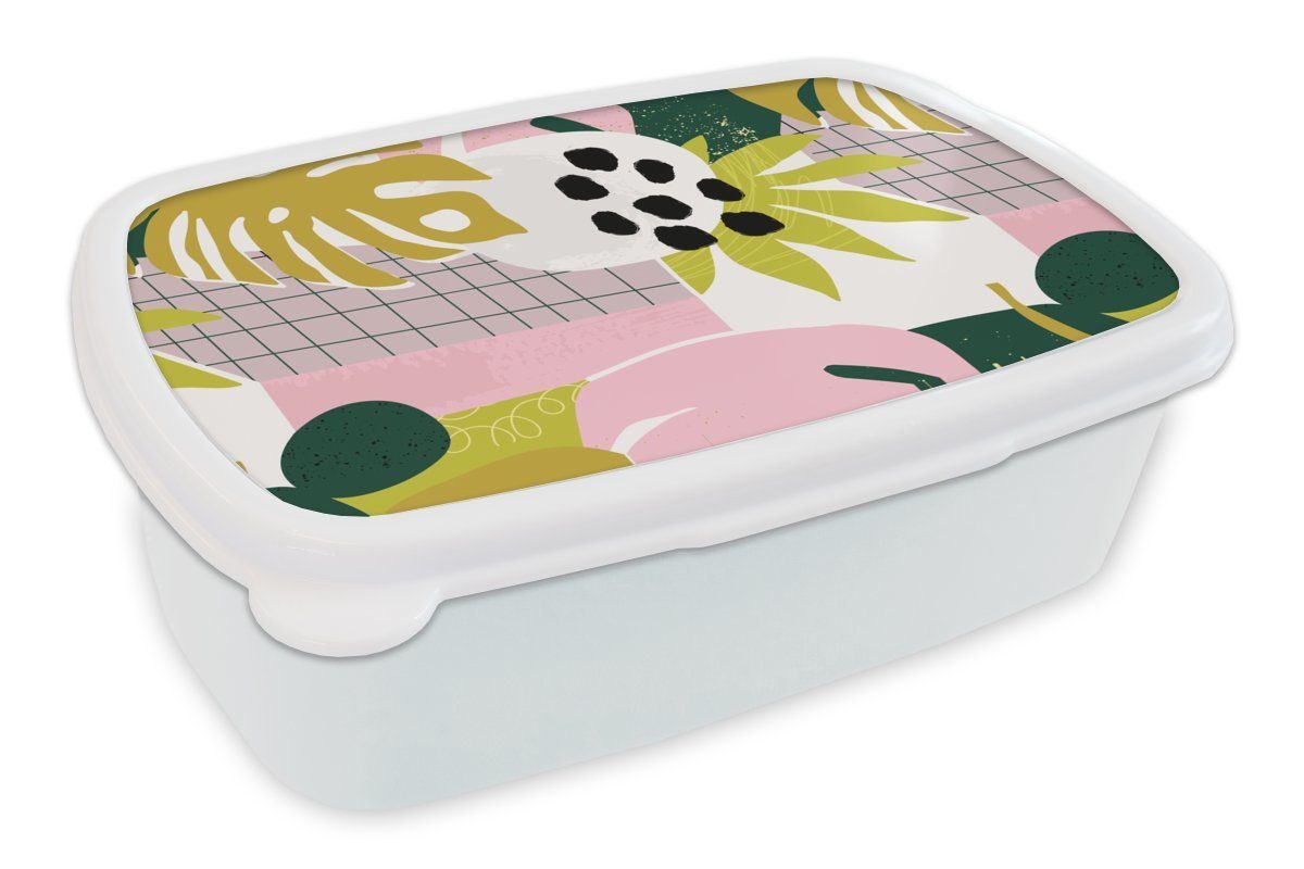 MuchoWow Lunchbox Tropische Pflanzen - Rosa - Gelb - Muster, Kunststoff, (2-tlg), Brotbox für Kinder und Erwachsene, Brotdose, für Jungs und Mädchen weiß