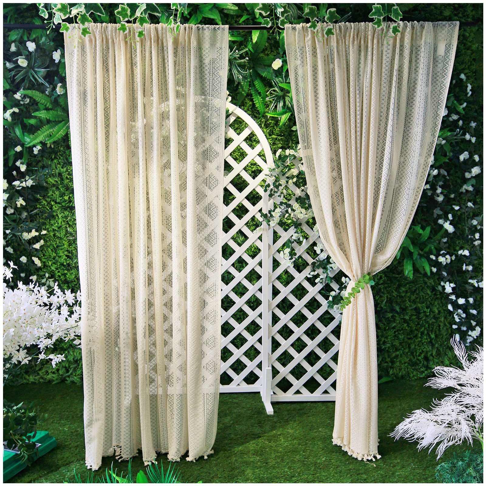 Qelus Gardine Boho Halbtransparent Gardinen Vintage Quaste Rutentasche Vorhänge (1 St), Landhausstil Küche Wohnzimmer Rutentasche Scheibengardine