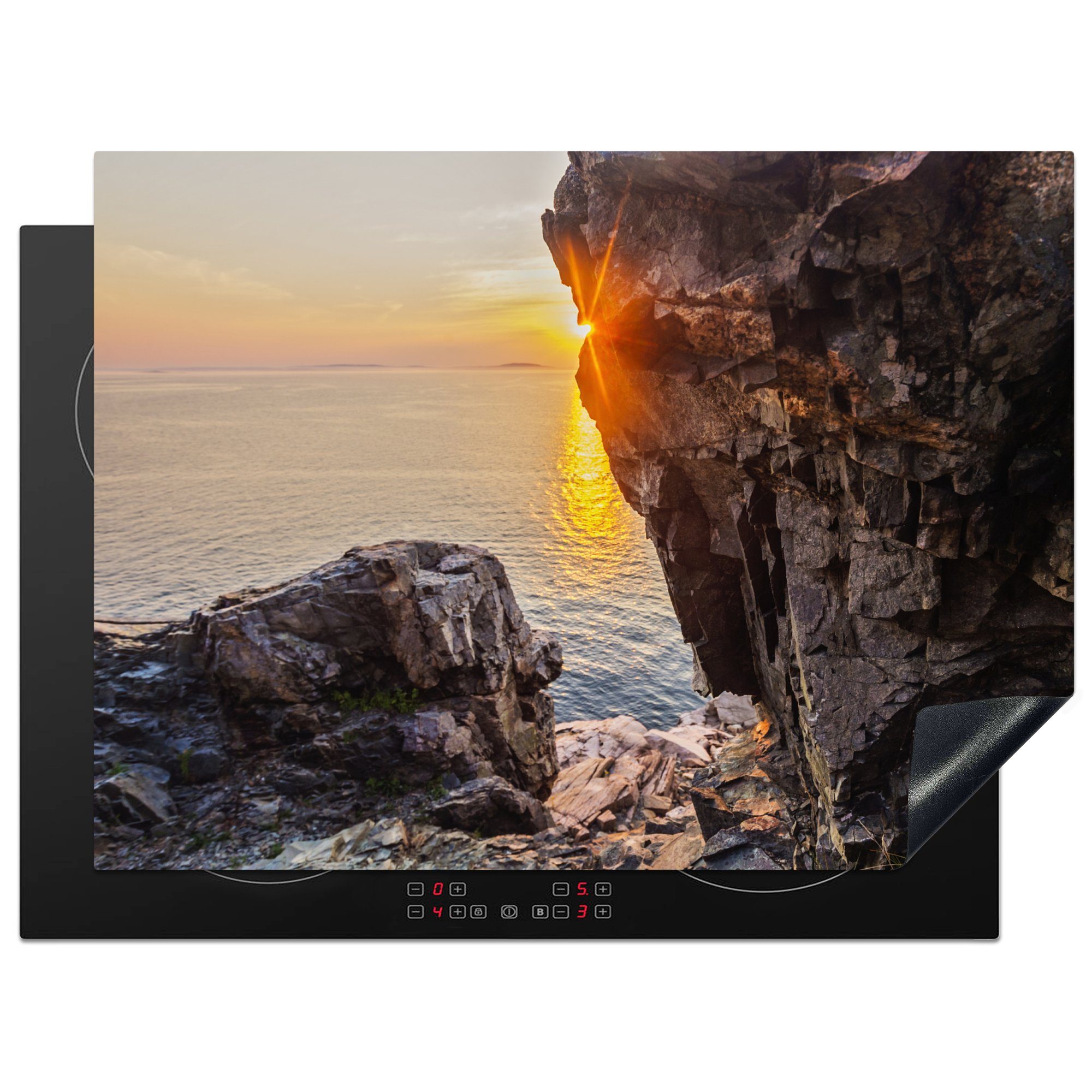 MuchoWow Herdblende-/Abdeckplatte Sonnenaufgang zwischen den Felsen, Vinyl, (1 tlg), 70x52 cm, Mobile Arbeitsfläche nutzbar, Ceranfeldabdeckung