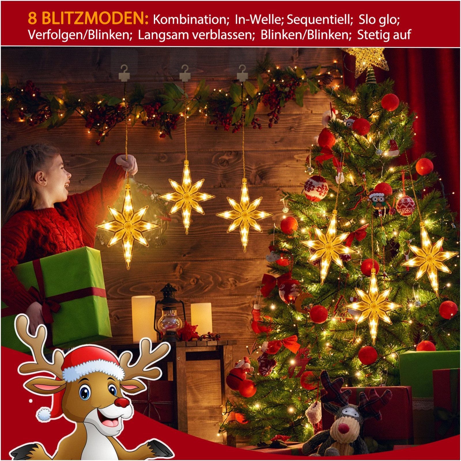 Elegear LED-Lichterkette 0.3/0.6M Led weihnachtsdeko fenster, weihnachtsstern mit haken, Weihnachtsdeko mit Memory Funktion für Weihnachten Fensterbilder Deko