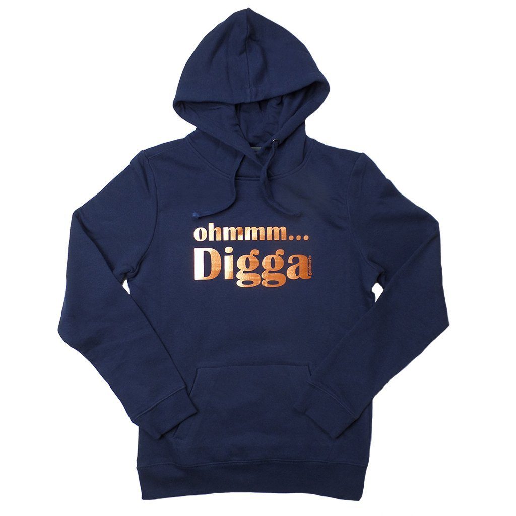 goldmarie Kapuzensweatshirt OHMMM DIGGA Hoodie dunkelblau kupfer mit Frontprint