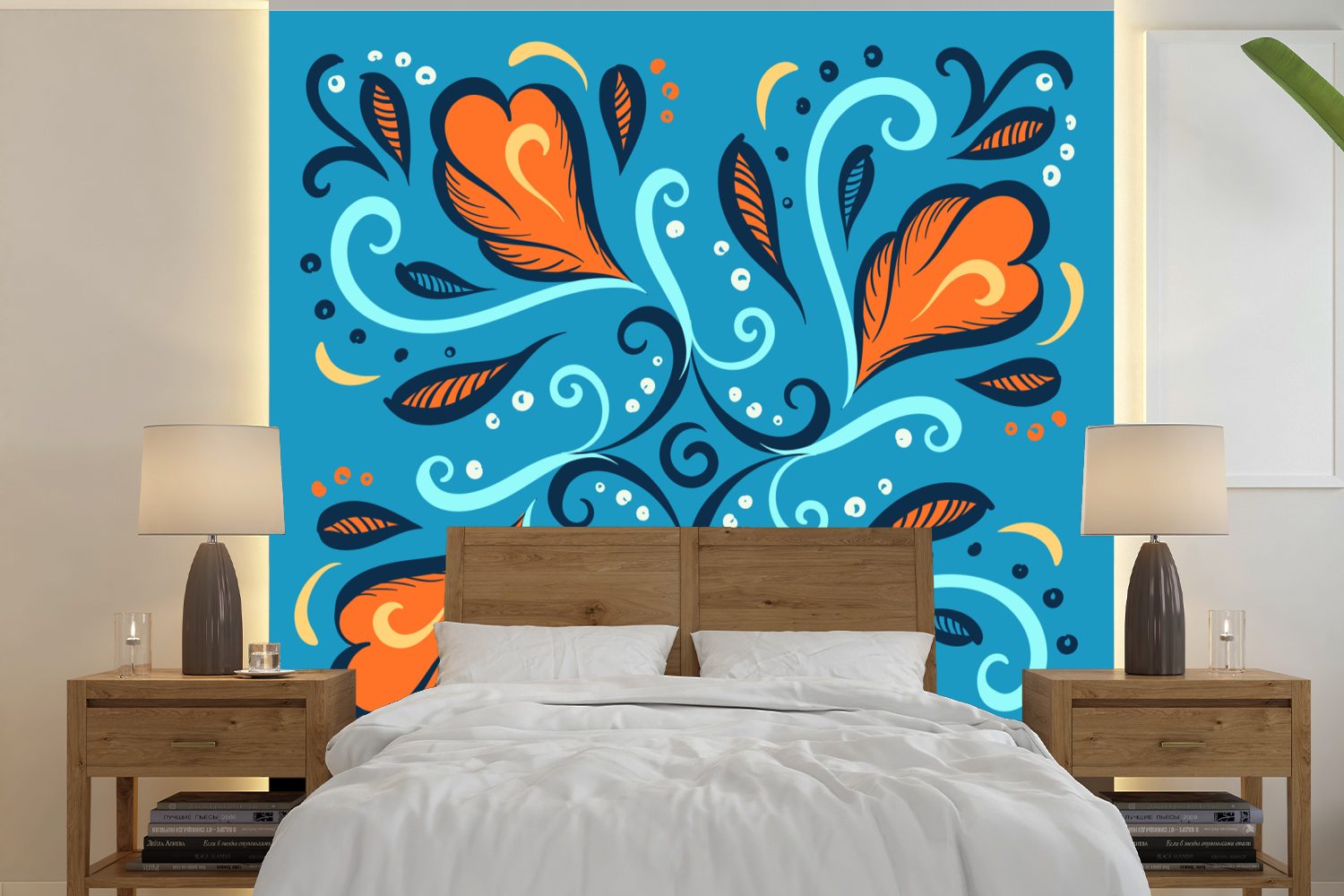 Wohnzimmer oder Blau St), für Schlafzimmer, - Fototapete Tapete Muster, Federn - MuchoWow bedruckt, Wandtapete Matt, (5 Vinyl