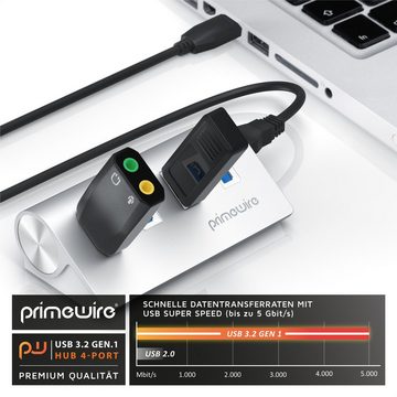 Primewire USB-Adapter, 4 Port USB 3.2 Gen1 Hub, Datenhub, Aluminiumgehäuse, Netzteilanschluss