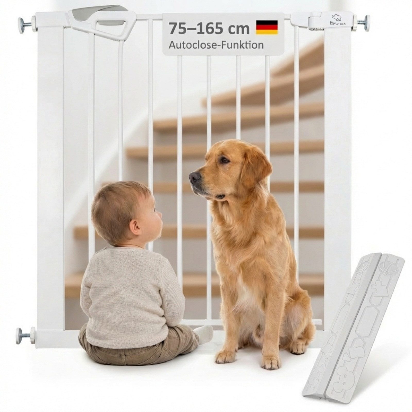 Bronea Treppenschutzgitter Babygitter Tür ohne bohren – BALU Tür- & Treppenschutzgitter (75–82 cm verlängerbar bis 165 cm, SAFETY-LOCK Rot/Grün, ANTI-STOLPER-RAMPE, AUTO-CLOSE Türschutzgitter), Entwickelt, Geprüft & Zertifiziert in Deutschland EN1930:2012-02